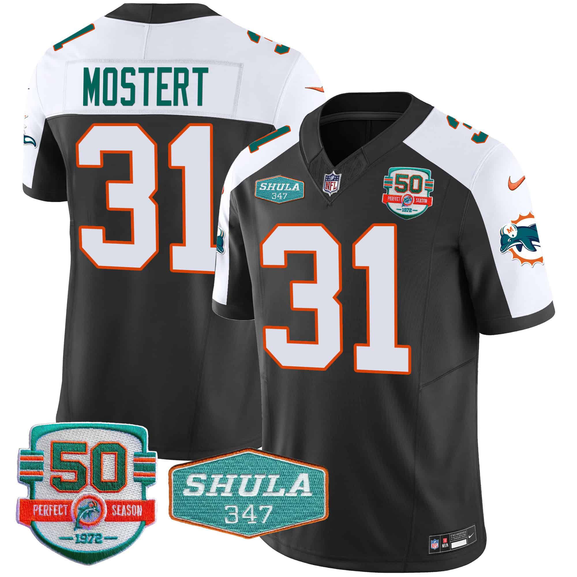Men Miami Dolphins #31 Mostert Black 2024 Nike Throwback Shula 347 Patch Vapor NFL Jersey